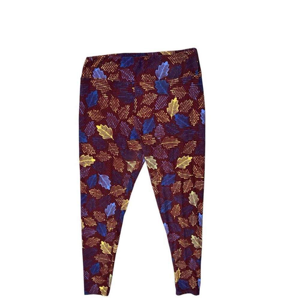 LuLaRoe TC Tall Curvy Leggings Blue Gold Burgundy Leaf 12-18